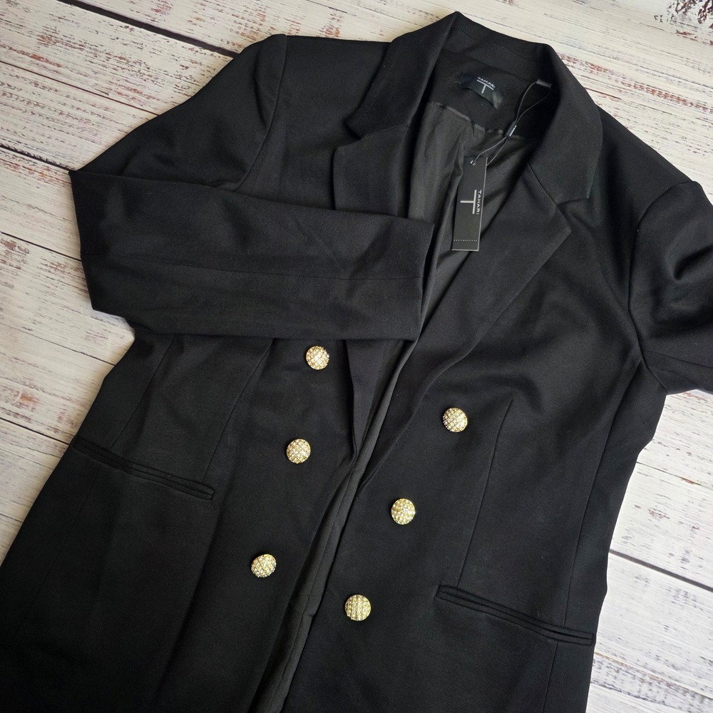 New Tahari Women 12 Black Double Breasted Gold Button Open Blazer Jacket TH95227